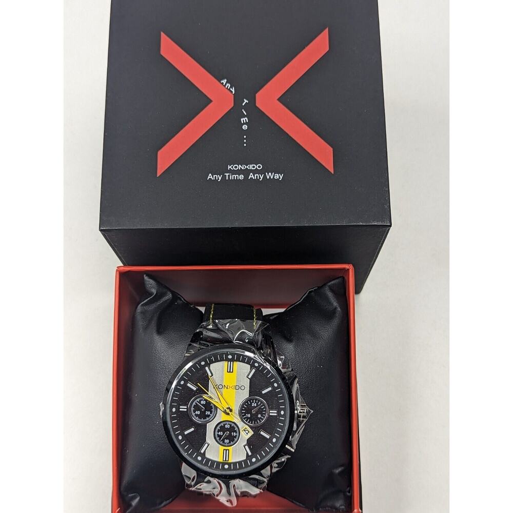 Konxido KO63018 Mens Quartz Watch Black Yellow Dial Leather Band Analog New